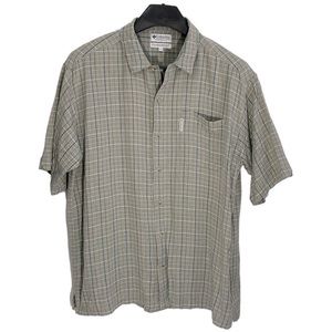 Columbia men’s‎ XL grey, blue and white plaid cotton button up camp shirt.